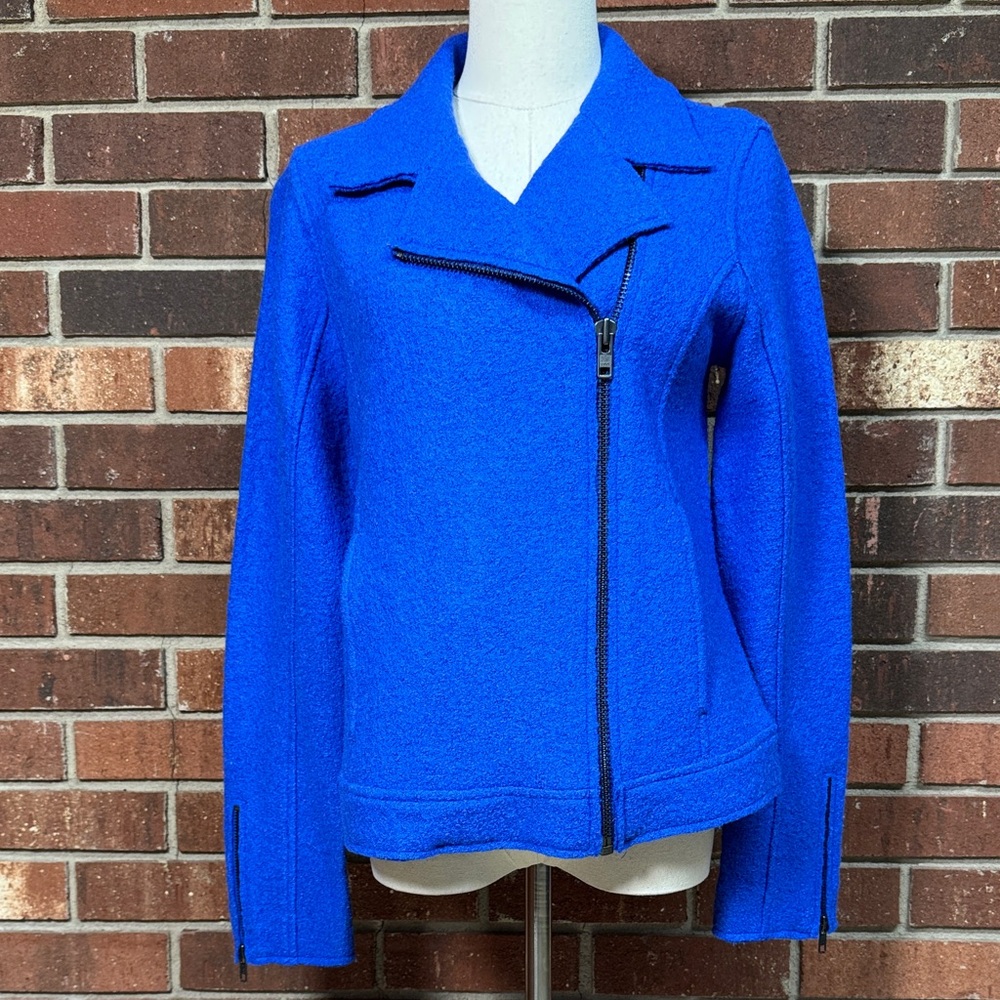 Tahari Electric Blue Boiled Wool Moto Jacket Size Small
